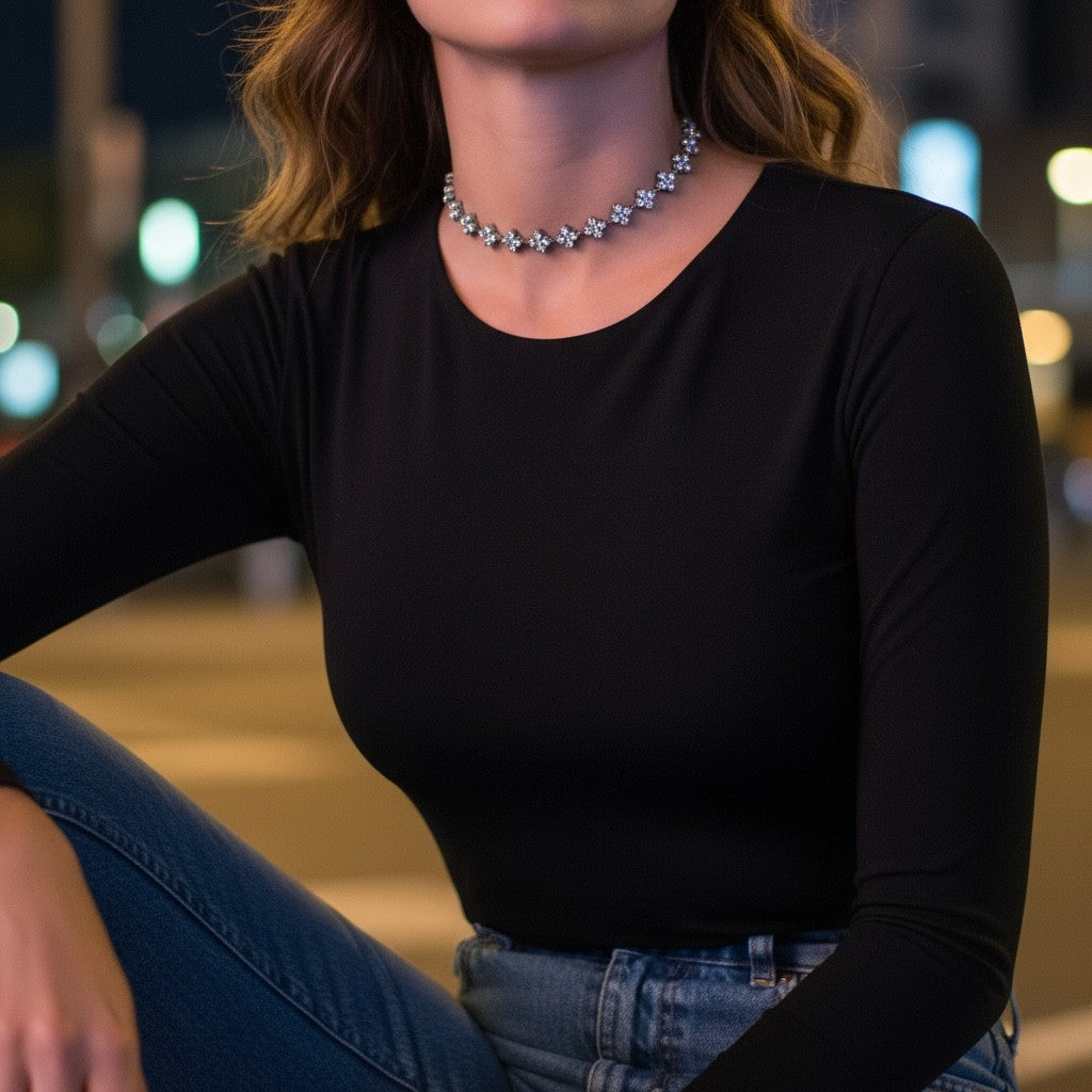 ⚡🚚 Crystal Cross Choker – Ατσάλινο Κολιέ με Σταυρούς Ζιργκόν