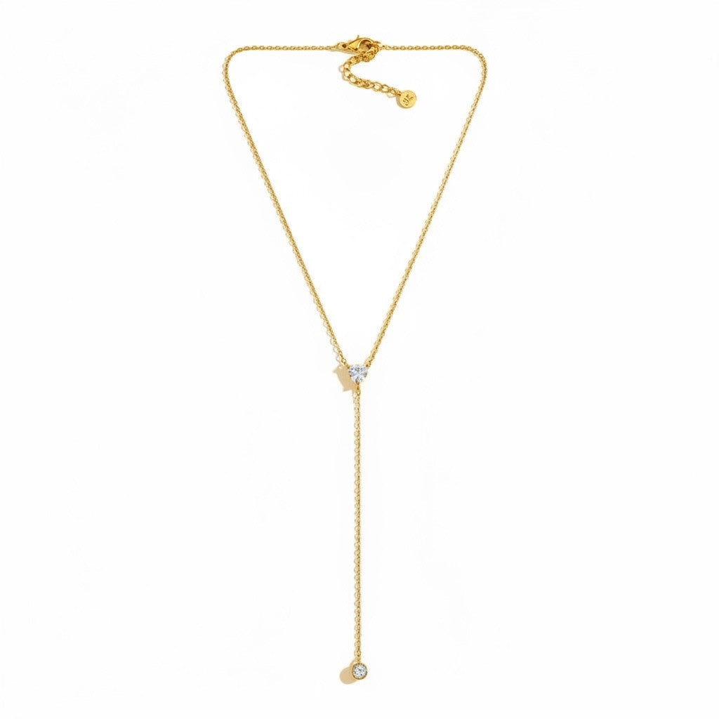 Heart Drop Y Necklace ατσάλινο κολιέ Υ με καρδιά ζιργκόν και στρογγυλό ζιργκονάκι – So Cute by Dimi χονδρική