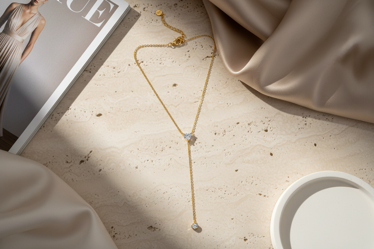 Heart Drop Y Necklace ατσάλινο κολιέ Υ με καρδιά ζιργκόν και στρογγυλό ζιργκονάκι – So Cute by Dimi χονδρική