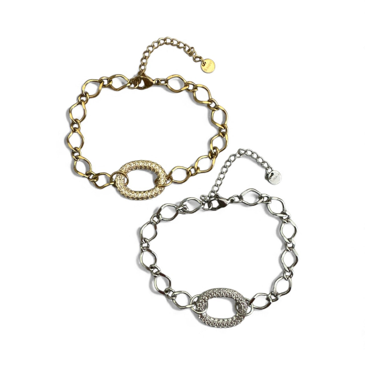 Stainless steel pavé oval link bracelet in silver and gold – So Cute by Dimi.