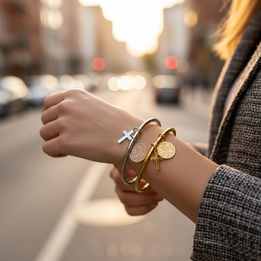 🤍✨ Faith & Shine – Ατσάλινο Bangle με Σταυρό & Κωνσταντινάτο