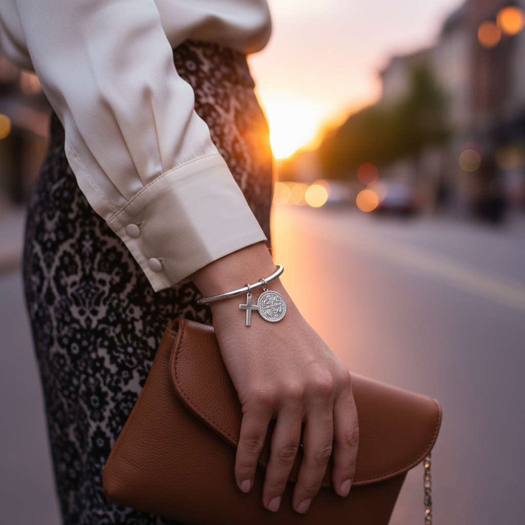 🤍✨ Faith & Shine – Ατσάλινο Bangle με Σταυρό & Κωνσταντινάτο