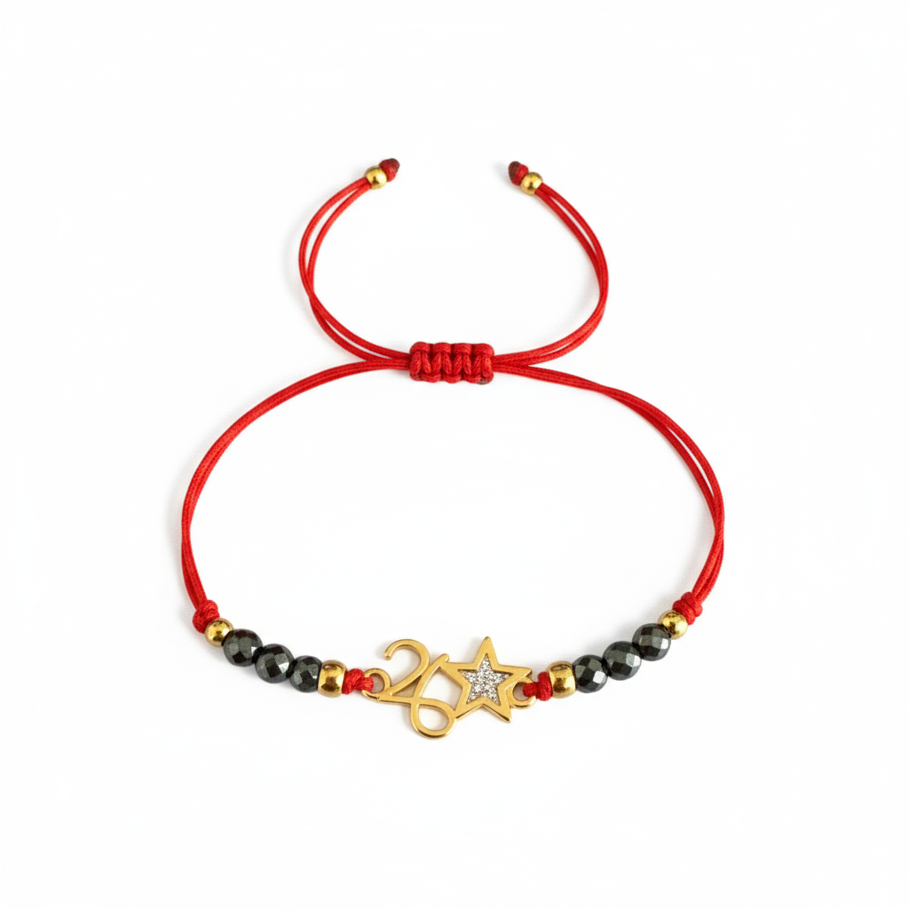 Χειροποίητο βραχιόλι γούρι 2026 με αιματίτη & αστεράκι glitter σε κορδόνι – So Cute by Dimi Wholesale