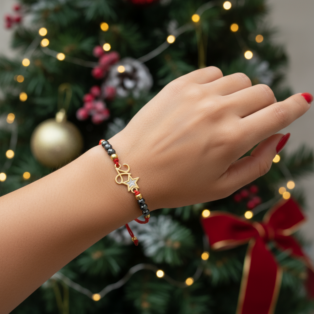 Χειροποίητο βραχιόλι γούρι 2026 με αιματίτη & αστεράκι glitter σε κορδόνι – So Cute by Dimi Wholesale