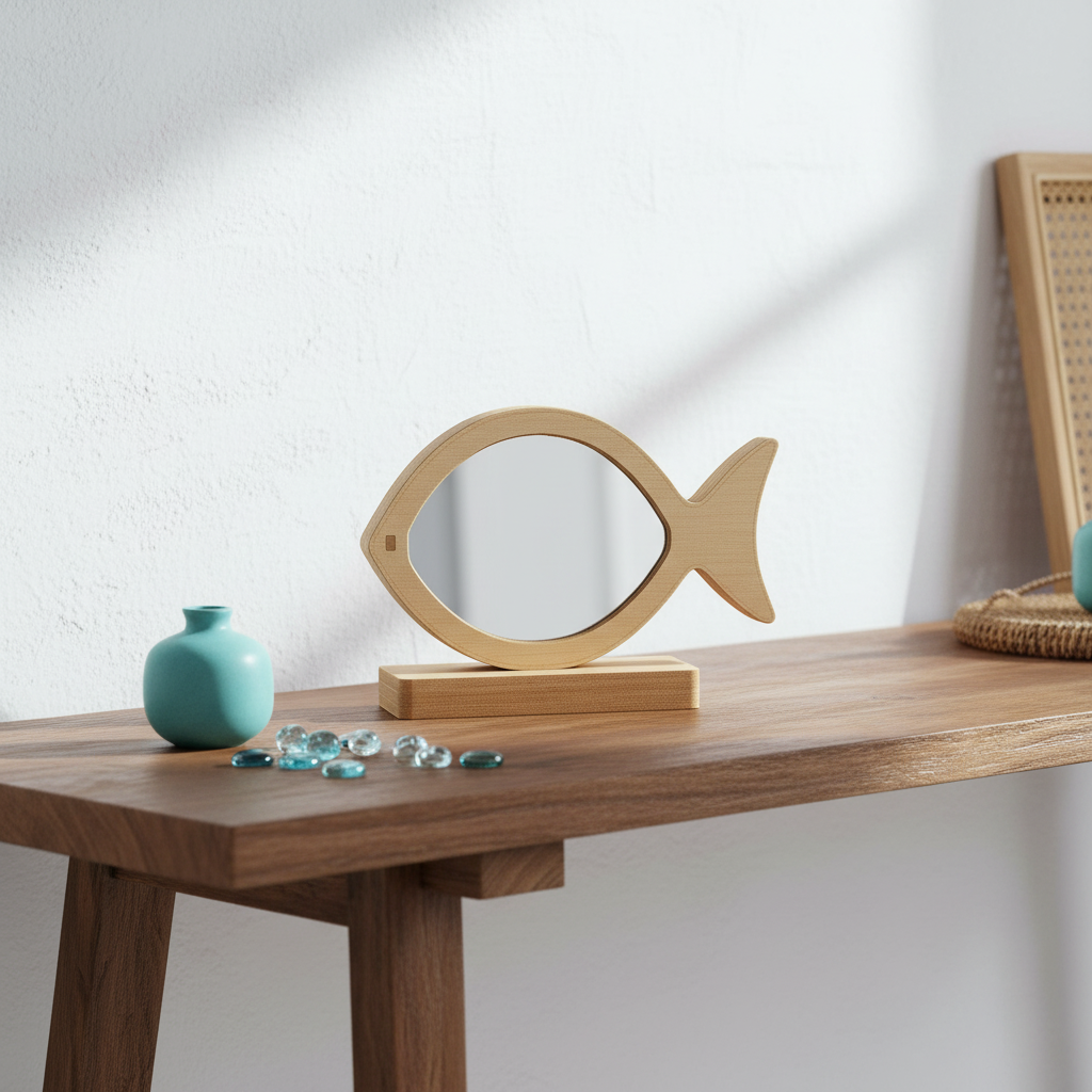 🤍✨  Επιτραπέζιο Ψάρι–Καθρέφτης Plexiglass με Ξύλινη Βάση