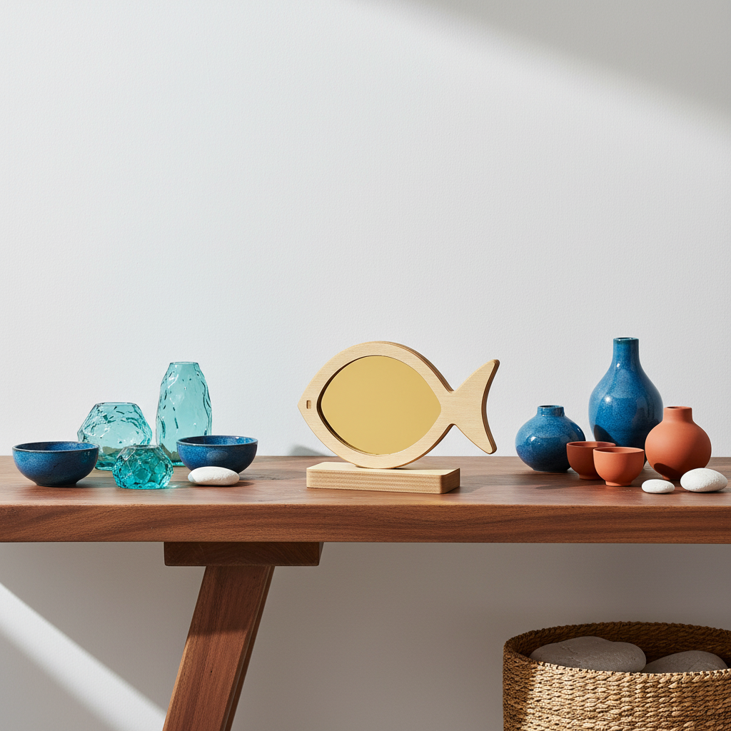 🤍✨  Επιτραπέζιο Ψάρι–Καθρέφτης Plexiglass με Ξύλινη Βάση