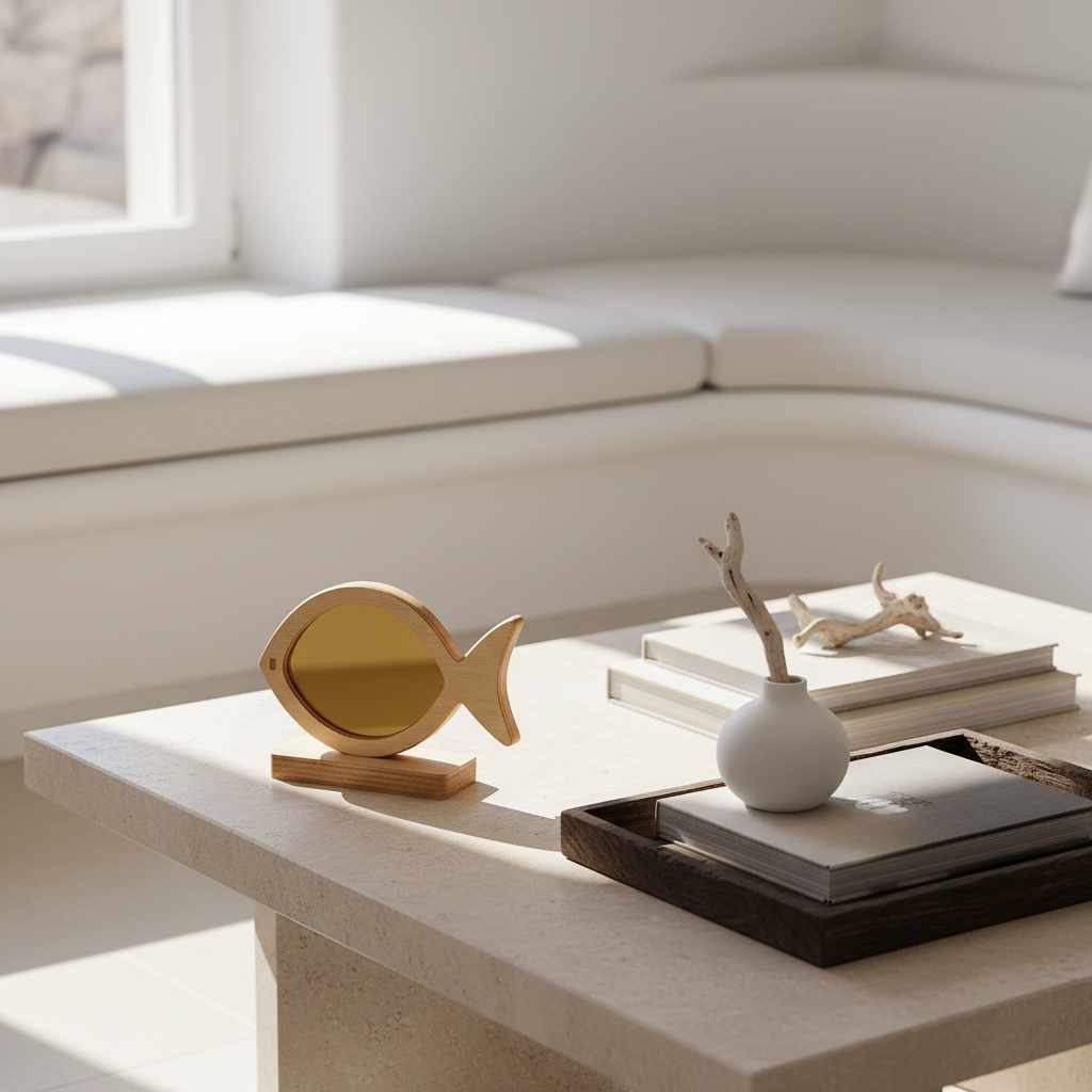 🤍✨  Επιτραπέζιο Ψάρι–Καθρέφτης Plexiglass με Ξύλινη Βάση