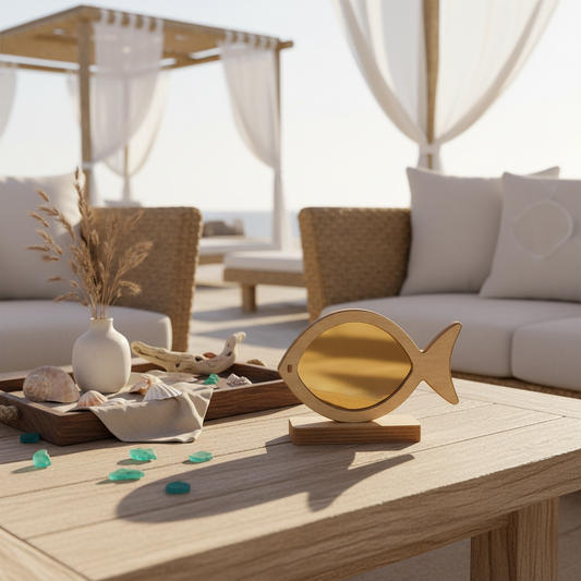 🤍✨  Επιτραπέζιο Ψάρι–Καθρέφτης Plexiglass με Ξύλινη Βάση