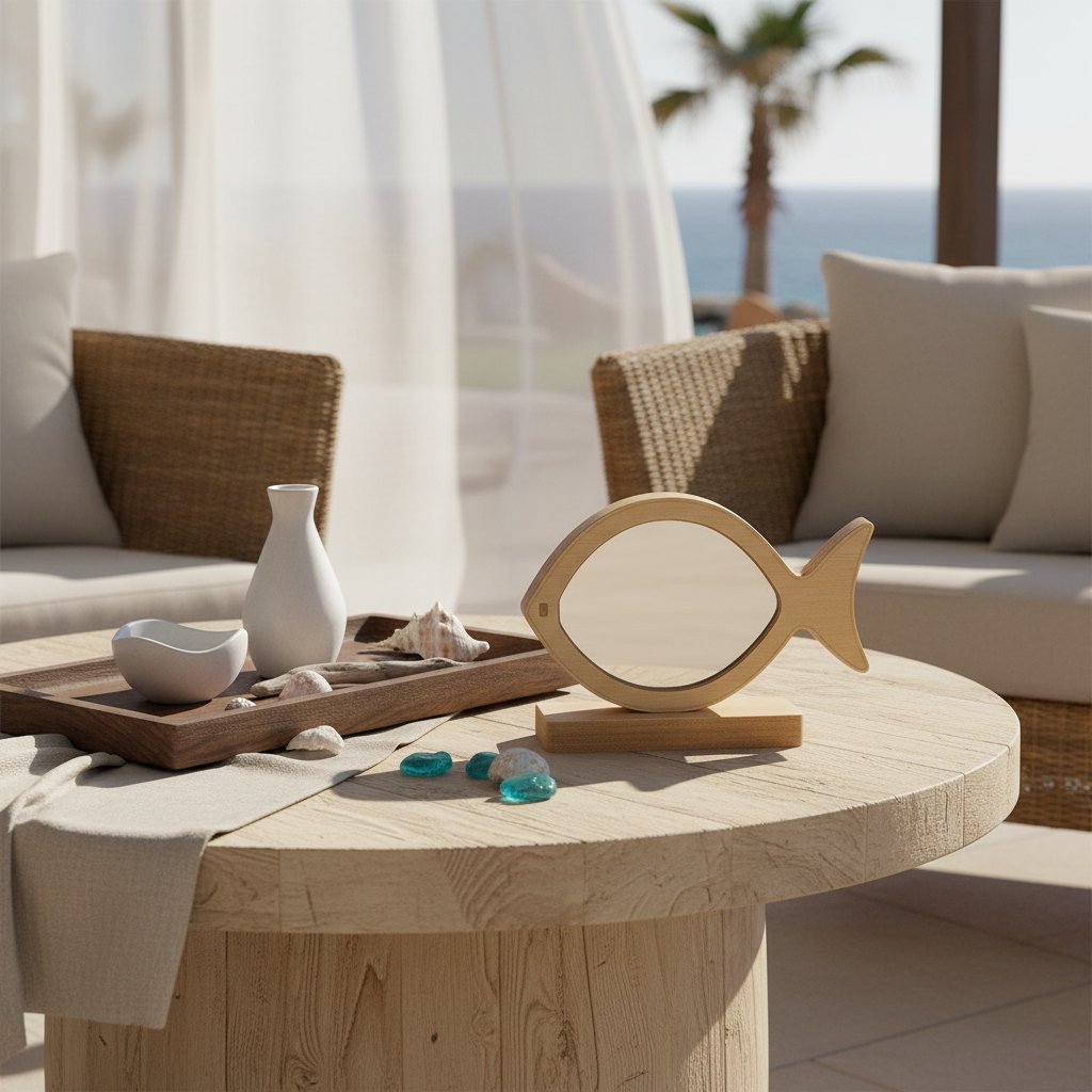 🤍✨  Επιτραπέζιο Ψάρι–Καθρέφτης Plexiglass με Ξύλινη Βάση