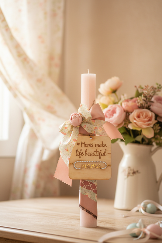 χειροποίητη πασχαλινή λαμπάδα 30 εκ με ξύλινη χάραξη και ατσάλινο βραχιόλι mama με ζιργκόν κωδ 4-506-0147 So Cute by Dimi