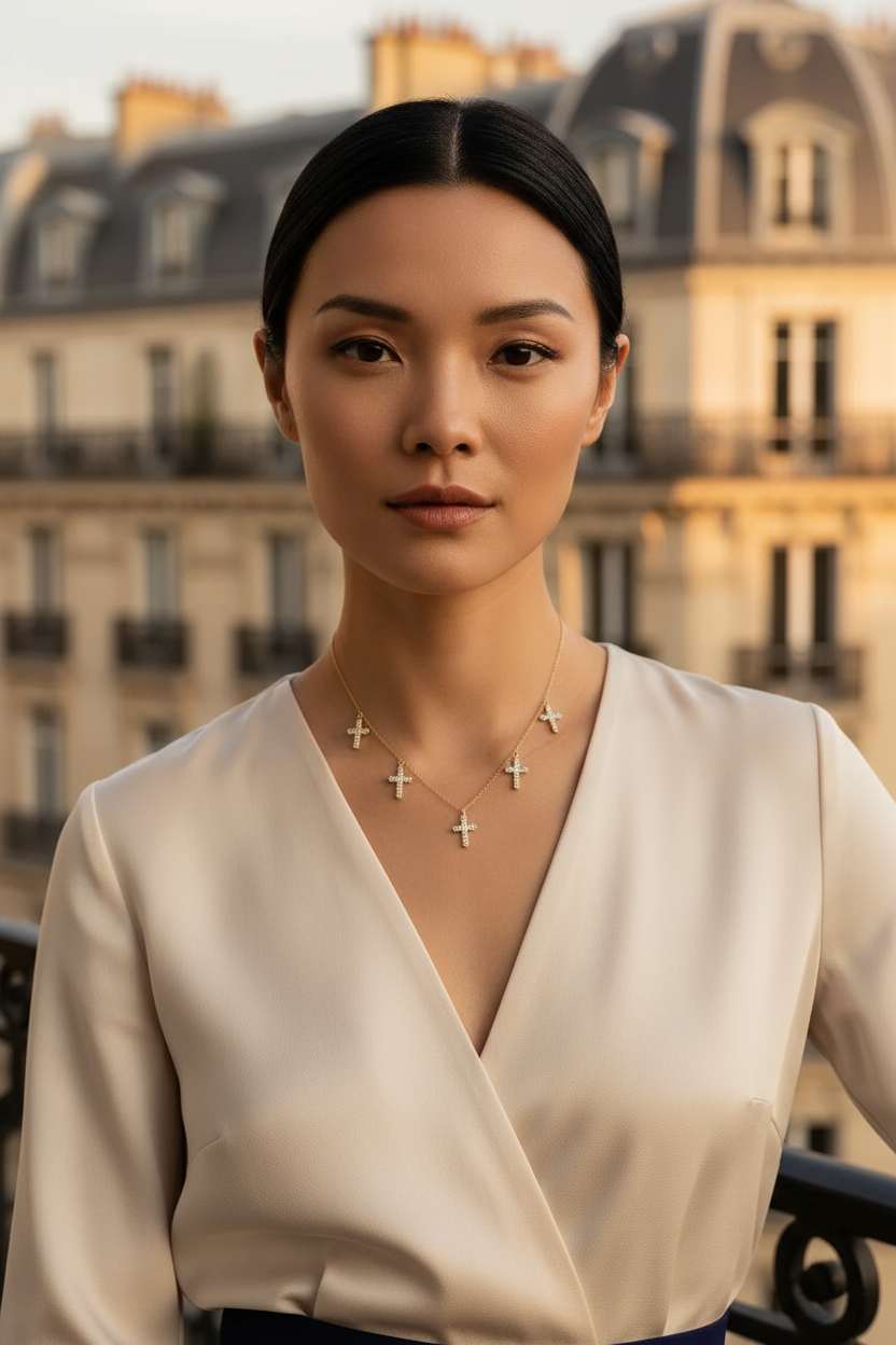 Crystal Cross Charm Necklace – Ατσάλινο Κολιέ με Πέντε Mini Σταυρούς & Ζιργκόν | So Cute by Dimi Χονδρική