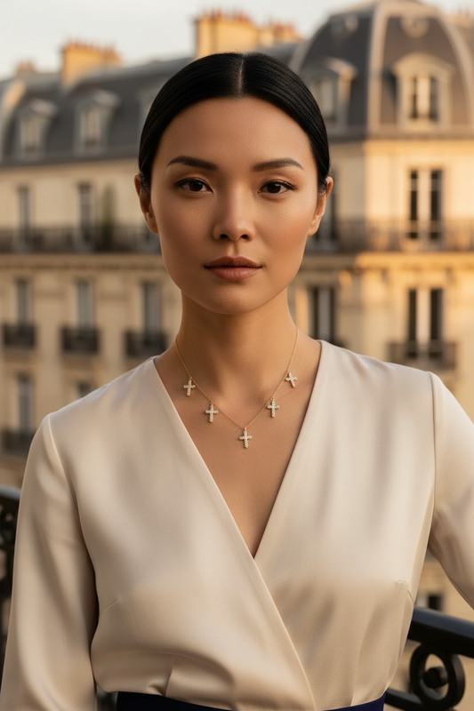 Crystal Cross Charm Necklace – Ατσάλινο Κολιέ με Πέντε Mini Σταυρούς & Ζιργκόν | So Cute by Dimi Χονδρική