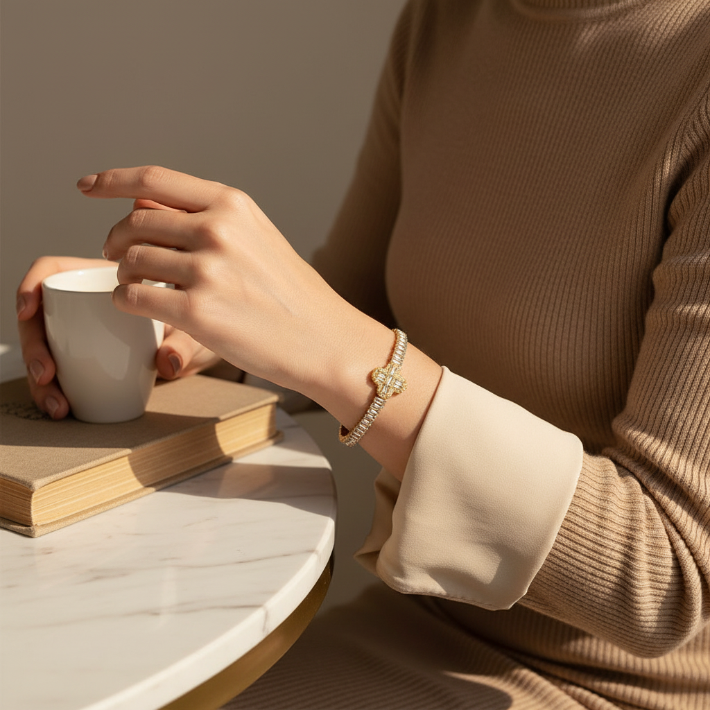 Gold rosette crystal bracelet για χονδρική – premium λάμψη και micro-crystals, So Cute by Dimi Wholesale