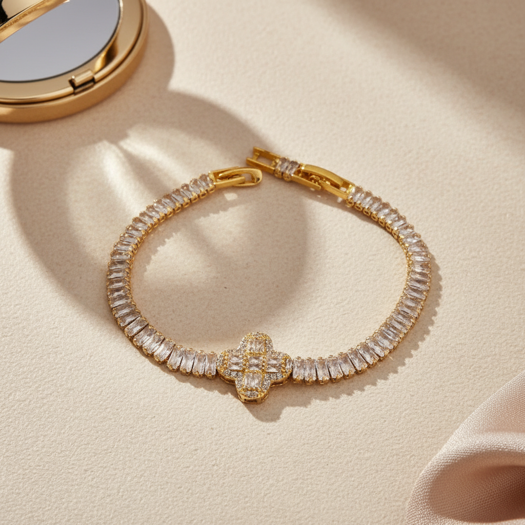 Gold rosette crystal bracelet για χονδρική – premium λάμψη και micro-crystals, So Cute by Dimi Wholesale