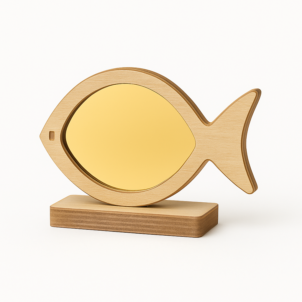 Επιτραπέζιο ψάρι–καθρέφτης από plexiglass με ξύλινη βάση – So Cute by Dimi