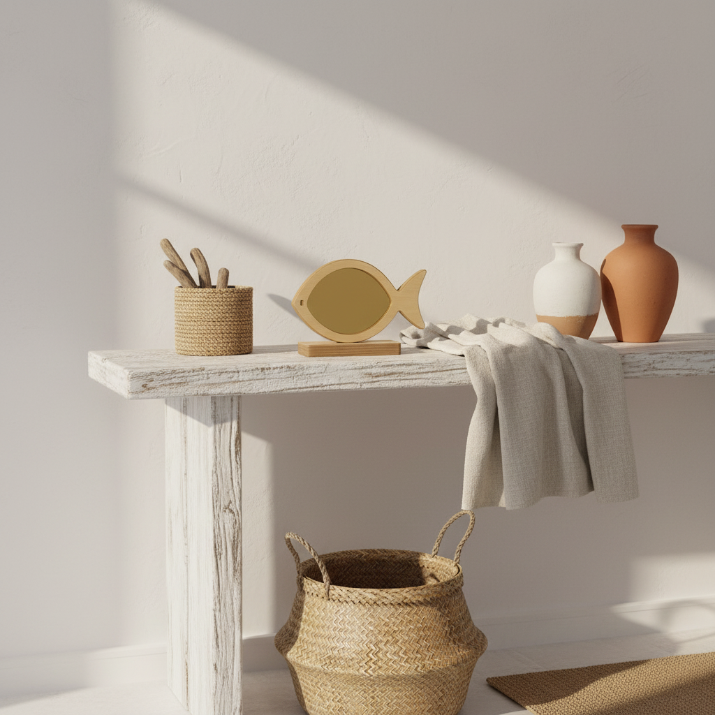 🤍✨  Επιτραπέζιο Ψάρι–Καθρέφτης Plexiglass με Ξύλινη Βάση