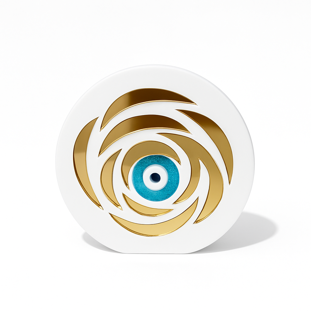Petal Eye γούρι χονδρική, επιτραπέζιο plexiglass με μάτι & χρυσά πέταλα σε μαύρο ή λευκό – So Cute by Dimi