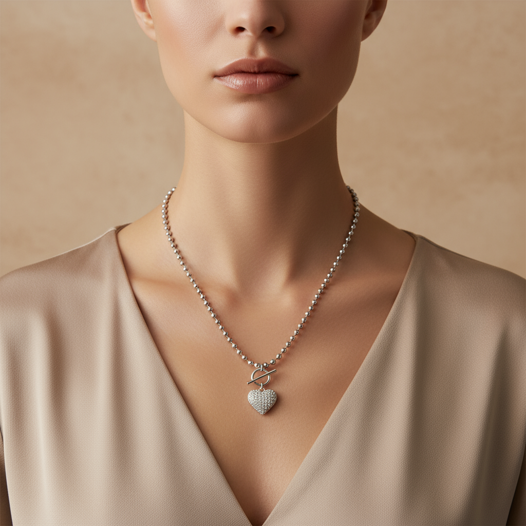 Ατσάλινο κολιέ Beaded Heart με χάντρες και λαμπερή στρας καρδιά – So Cute by Dimi Wholesale.