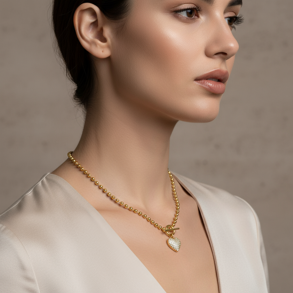 Ατσάλινο κολιέ Beaded Heart με χάντρες και λαμπερή στρας καρδιά – So Cute by Dimi Wholesale.