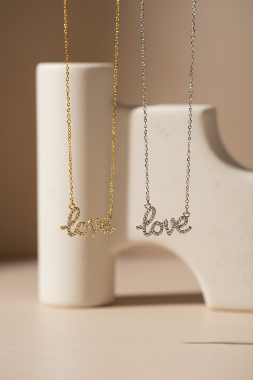 Love script necklace από ανοξείδωτο ατσάλι με κρυσταλλάκια So Cute by Dimi