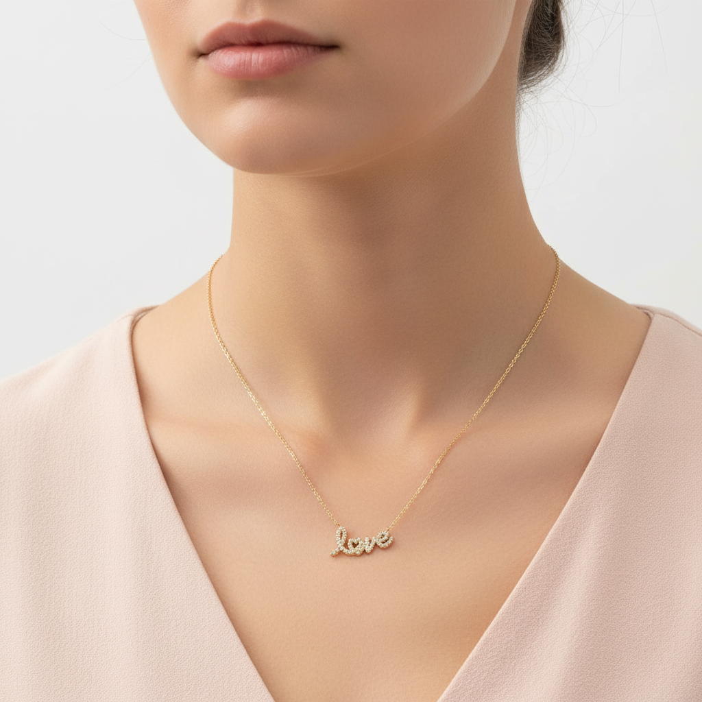 Love script necklace από ανοξείδωτο ατσάλι με κρυσταλλάκια So Cute by Dimi