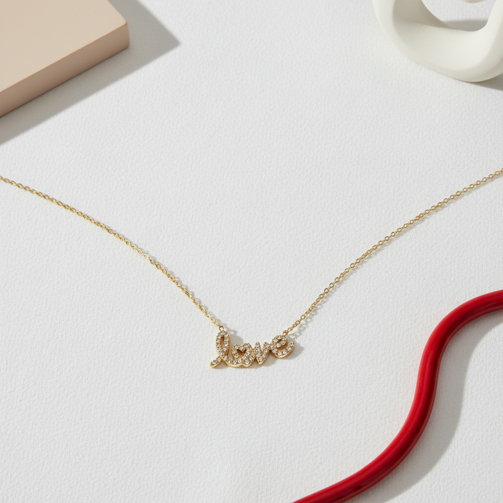 Love script necklace από ανοξείδωτο ατσάλι με κρυσταλλάκια So Cute by Dimi