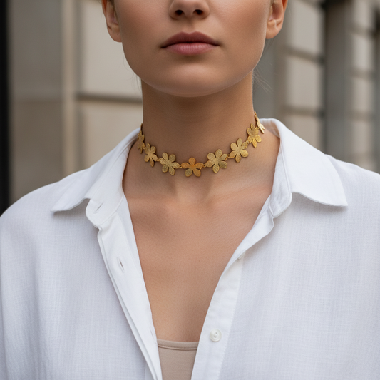 Floral chain choker από ανοξείδωτο ατσάλι με λουλούδια