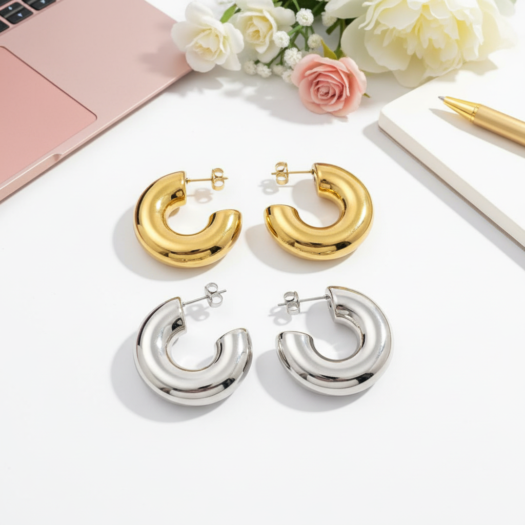 Bold Curve Hoops chunky σκουλαρίκια κρίκοι από ανοξείδωτο ατσάλι σε χρυσό και ασημί φινίρισμα