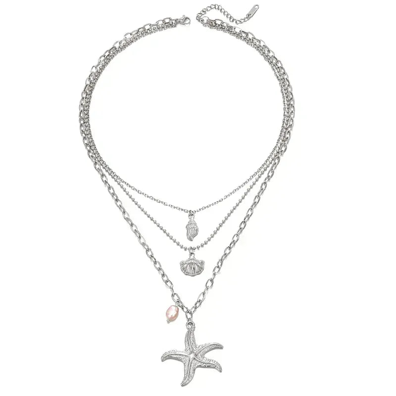 Beach Starfish Conch Shell Stainless Steel Plating Artificial Pearls Layered Necklaces
