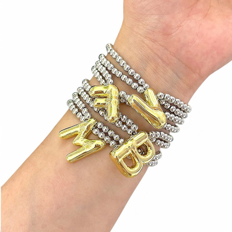 Brass 18K Gold Plated Beaded Letter Drawstring Bracelets