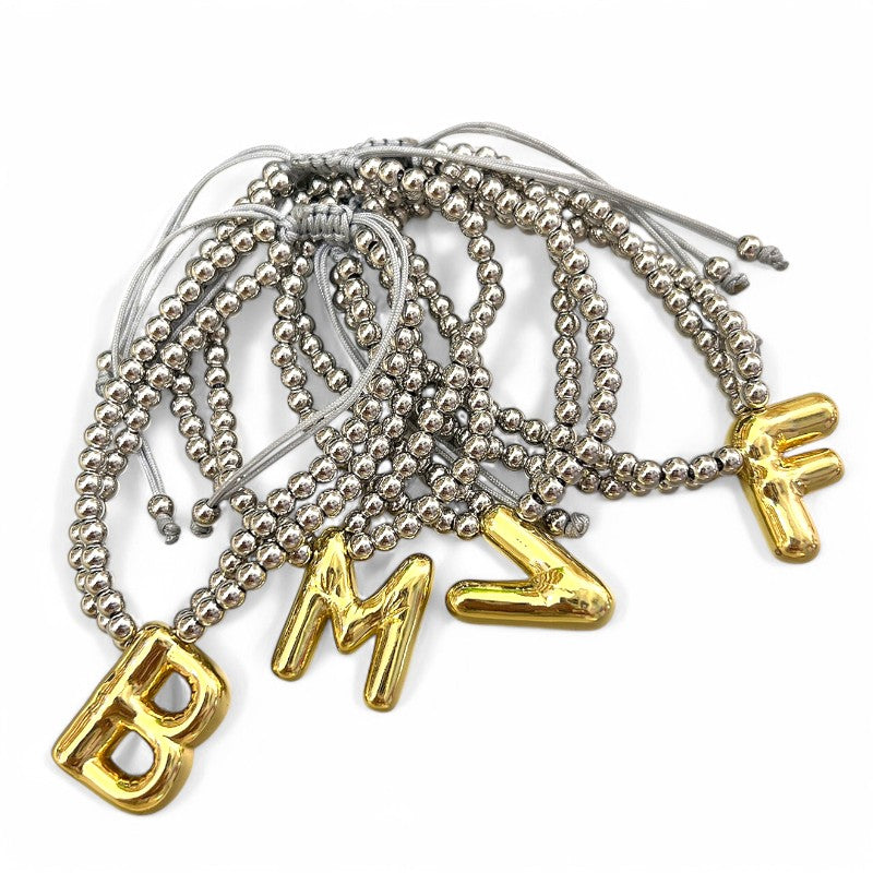 Brass 18K Gold Plated Beaded Letter Drawstring Bracelets