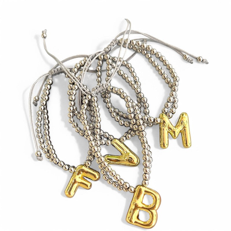 Brass 18K Gold Plated Beaded Letter Drawstring Bracelets