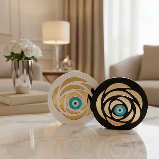 Petal Eye γούρι χονδρική, επιτραπέζιο plexiglass με μάτι & χρυσά πέταλα σε μαύρο ή λευκό – So Cute by Dimi