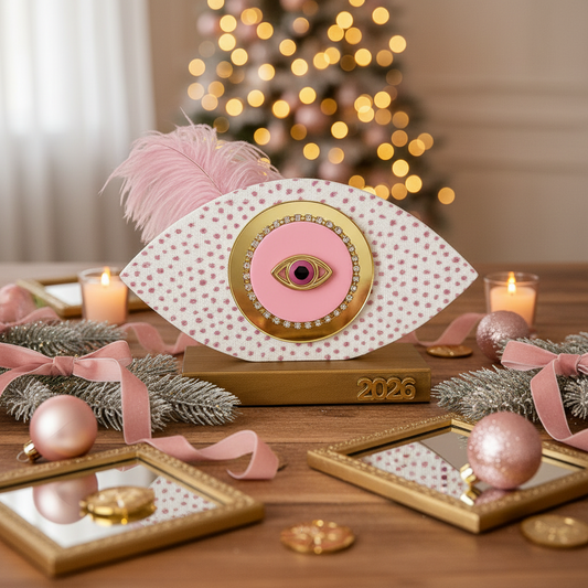 Handmade Merry & Pink oval gouri 2026 with tulle, glitter and gold mirror base – wholesale