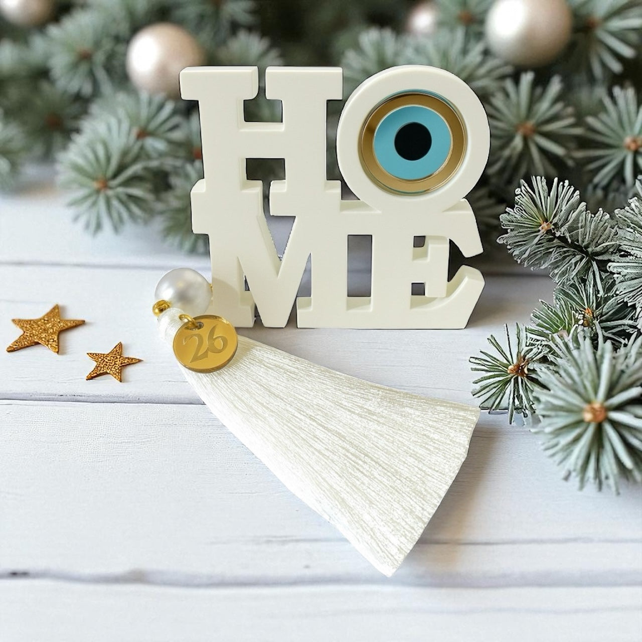 Χειροποίητο γούρι HOME με μάτι, πέρλα και φούντα – So Cute by Dimi Wholesale