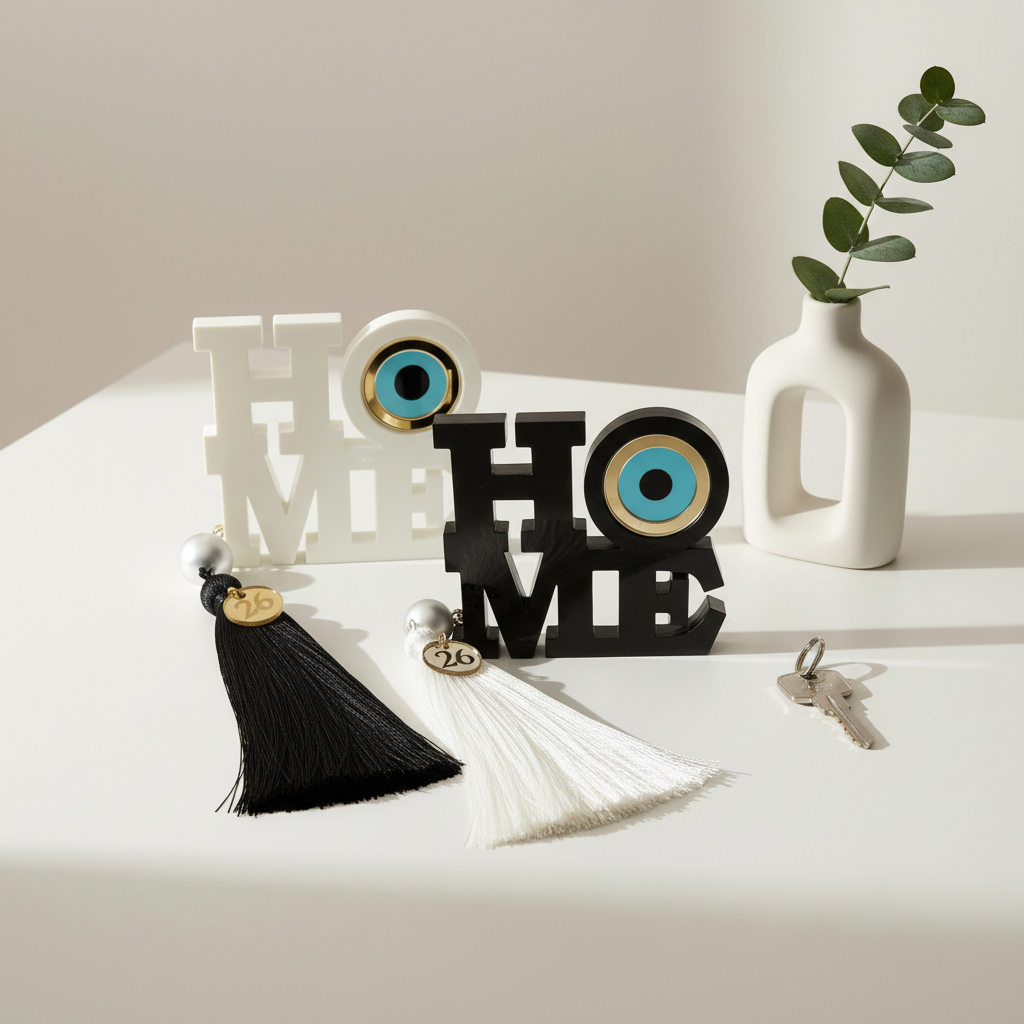 Επιτραπέζιο γούρι HOME με μάτι από πλεξιγκλάς και φούντα σε λευκό και μάυρο – So Cute by Dimi