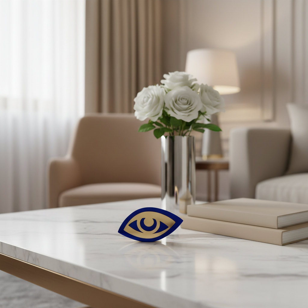 Γούρι επιτραπέζιο μάτι plexiglass καθρέφτης σε χρυσό και μπλε με ασυμμετρίες – So Cute by Dimi