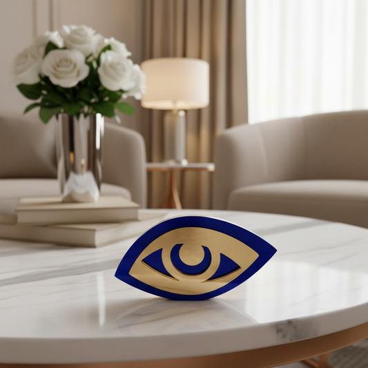 Γούρι επιτραπέζιο μάτι plexiglass καθρέφτης σε χρυσό και μπλε με ασυμμετρίες – So Cute by Dimi