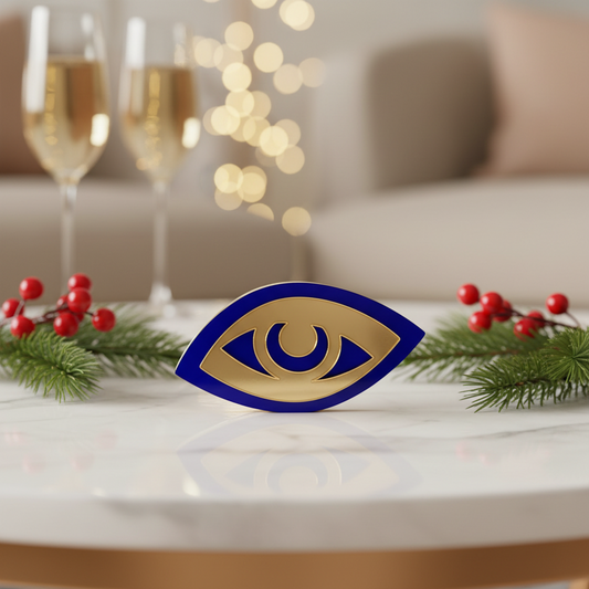 Γούρι επιτραπέζιο μάτι plexiglass καθρέφτης σε χρυσό και μπλε με ασυμμετρίες – So Cute by Dimi