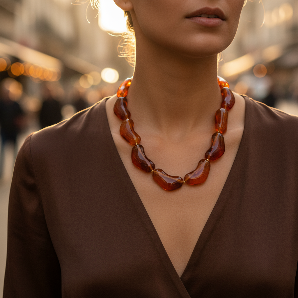 Κολιέ Molten Wave από ρητίνη και ατσάλι σε καραμελέ, μαύρο και κόκκινο — So Cute by Dimi Wholesale