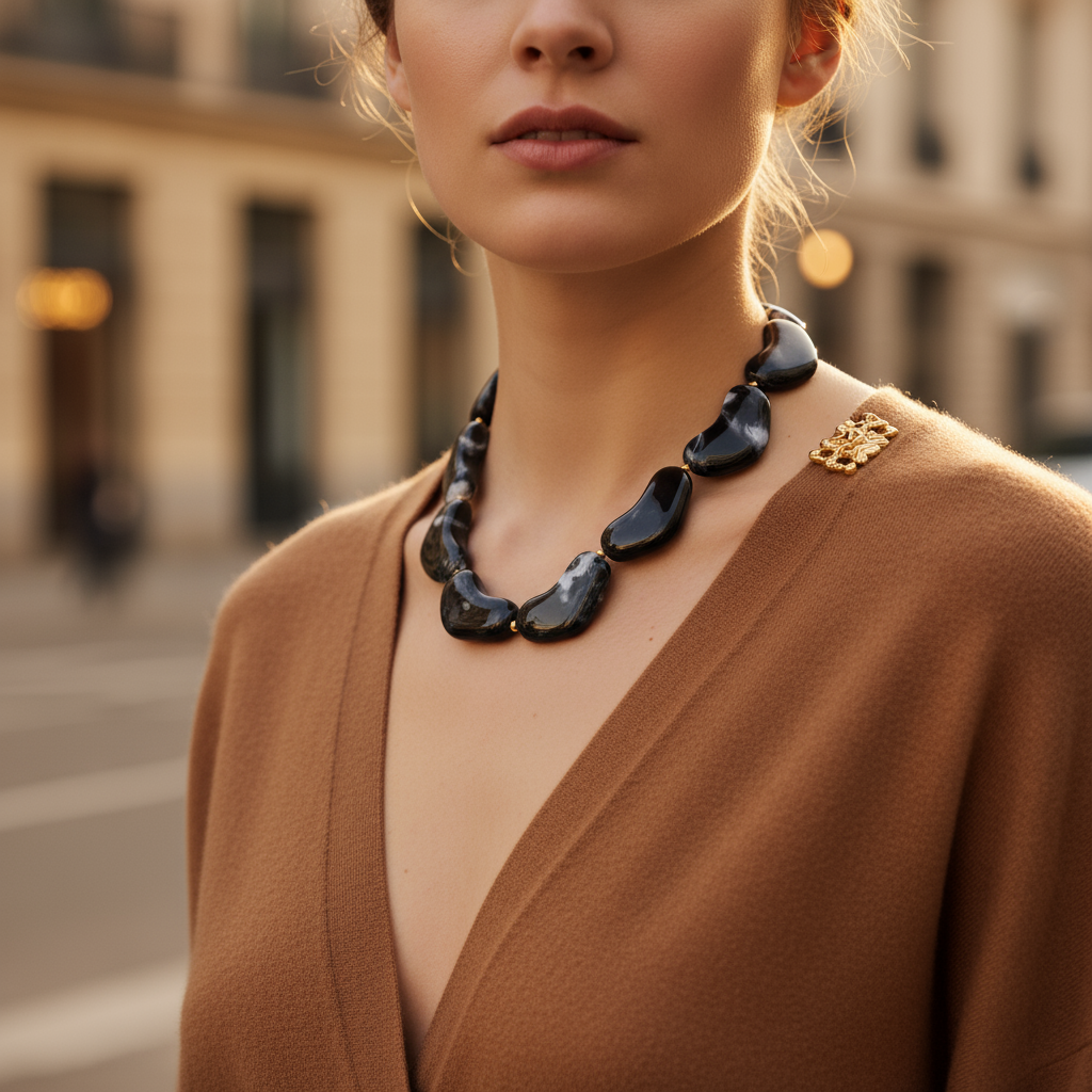 Κολιέ Molten Wave από ρητίνη και ατσάλι σε καραμελέ, μαύρο και κόκκινο — So Cute by Dimi Wholesale