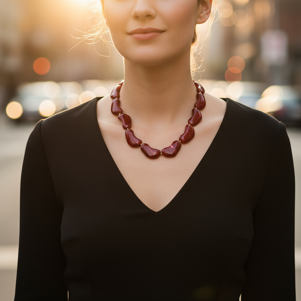 Κολιέ Molten Wave από ρητίνη και ατσάλι σε καραμελέ, μαύρο και κόκκινο — So Cute by Dimi Wholesale