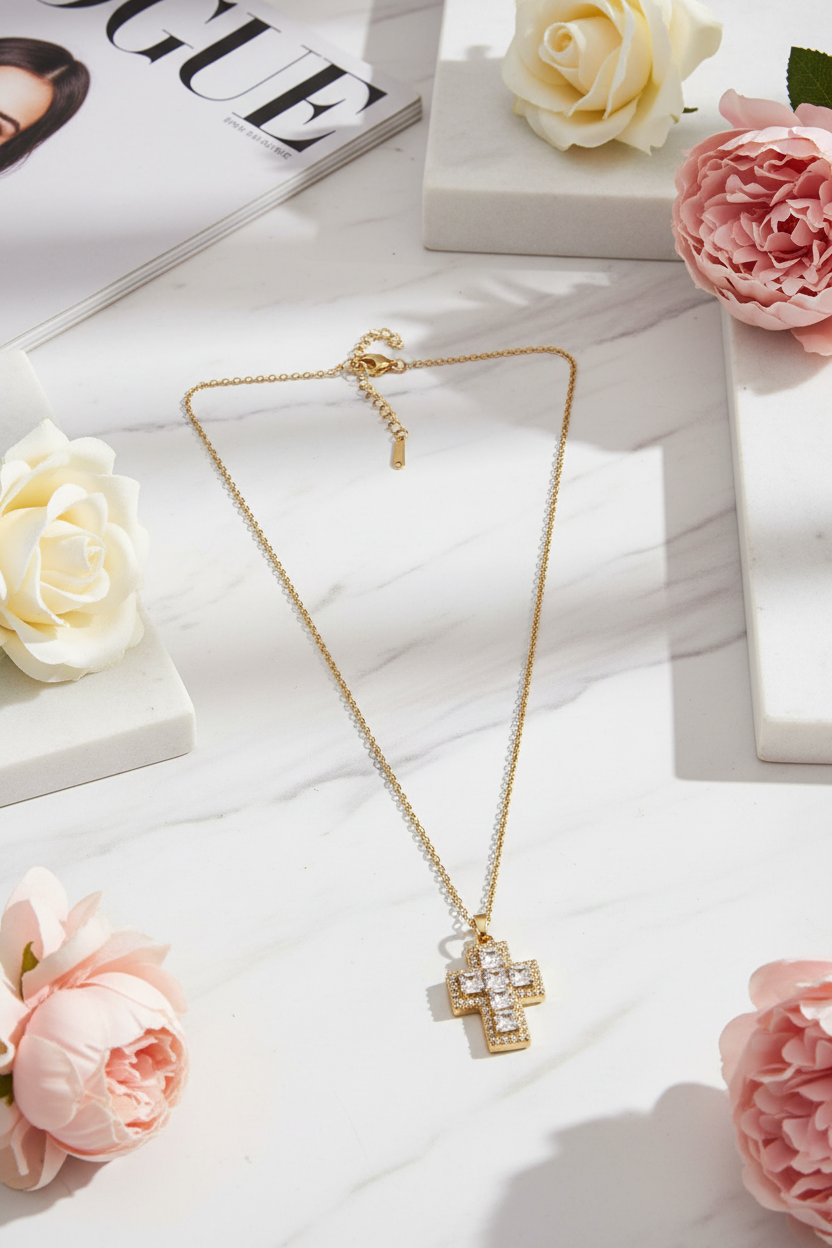 Radiant Cross ατσάλινο κολιέ με ζιργκόν σε χρυσό και ασημί φινίρισμα – So Cute by Dimi