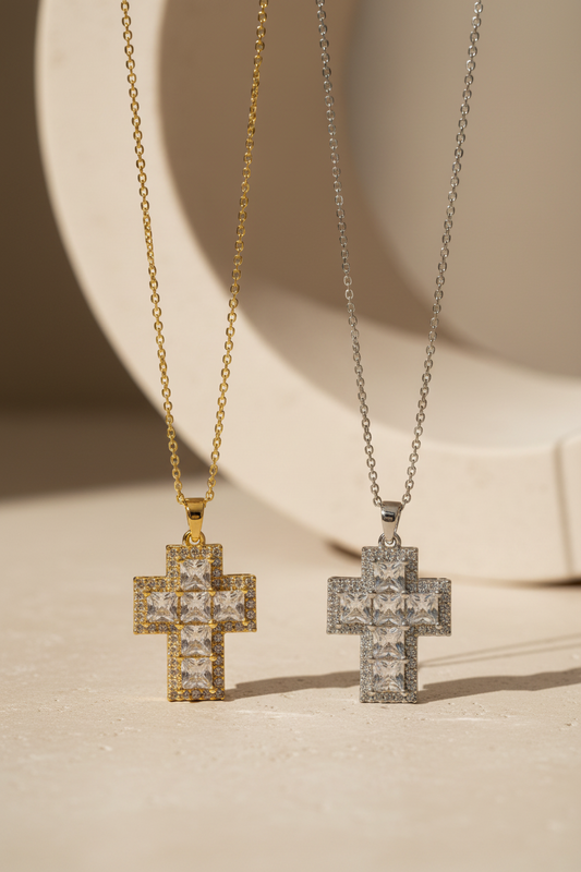 Radiant Cross ατσάλινο κολιέ με ζιργκόν σε χρυσό και ασημί φινίρισμα – So Cute by Dimi