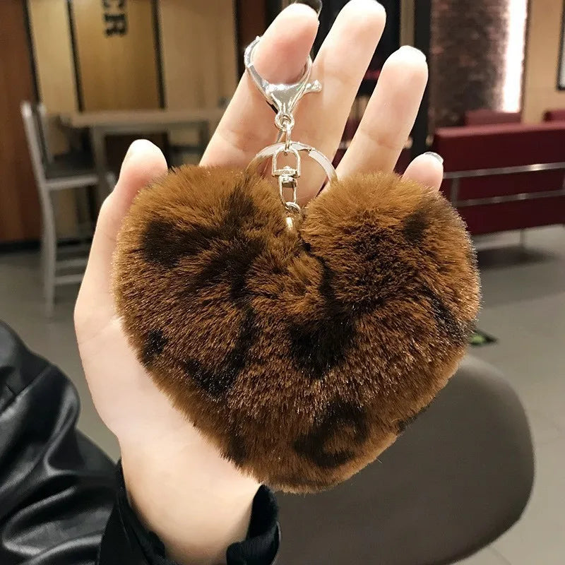 Retro Heart Shape Leopard Alloy Plush Women's Bag Pendant Keychain