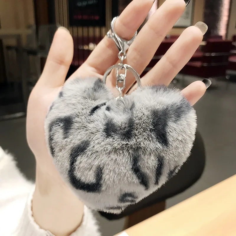 Retro Heart Shape Leopard Alloy Plush Women's Bag Pendant Keychain