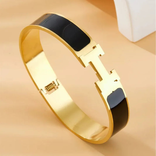 Elegant H Titanium Steel 18K Gold Plated Bangle, pack of 2