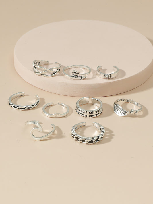Retro δαχτυλίδι ποδιού από μίγμα μετάλλων σε διάφορα σχέδια, συσκευασία 9 τεμαχίων