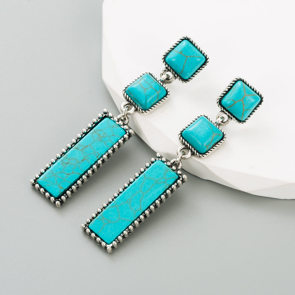 Ethnic Style Square Rectangle Alloy Inlay Turquoise Women'S Drop Earrings