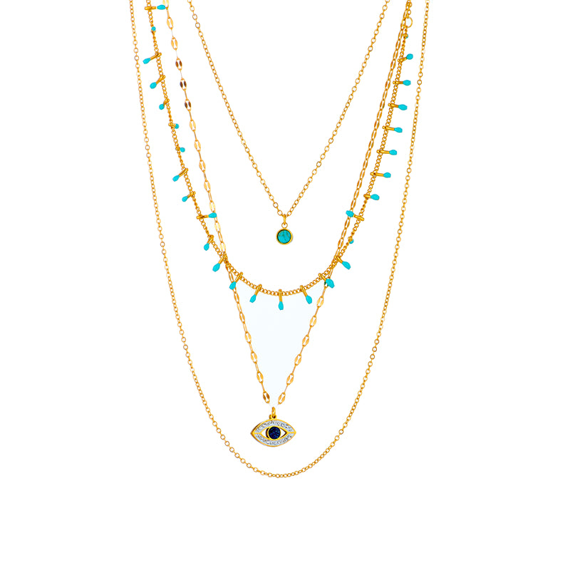 Retro Eye Titanium Steel Inlay Turquoise Zircon Layered Necklaces